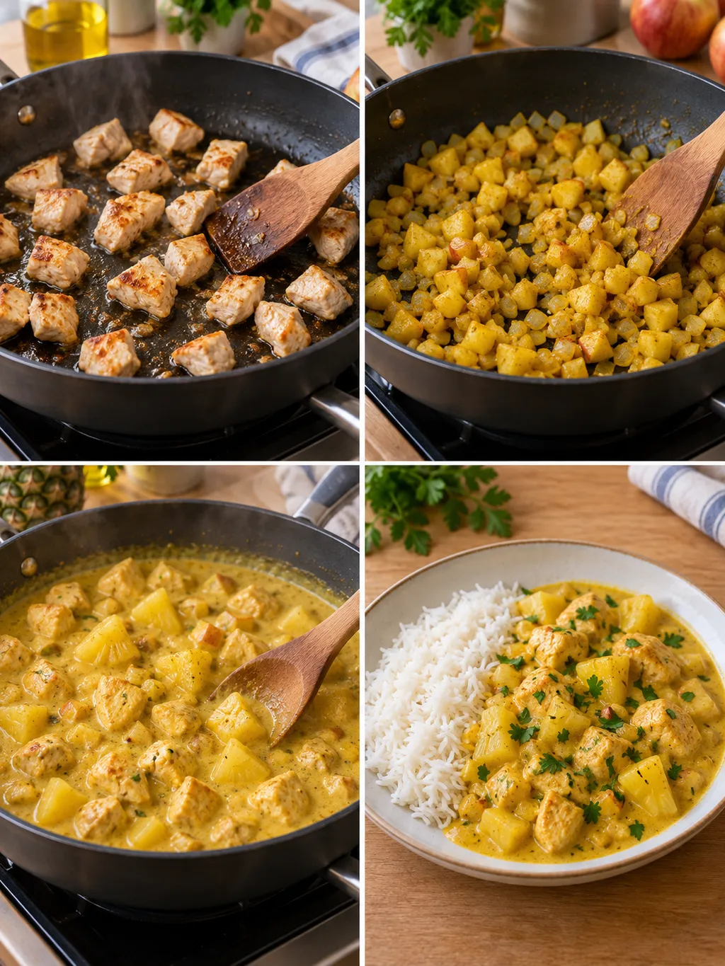 Hähnchen anbraten, Currysoße kochen und mit Ananas und Reis anrichten