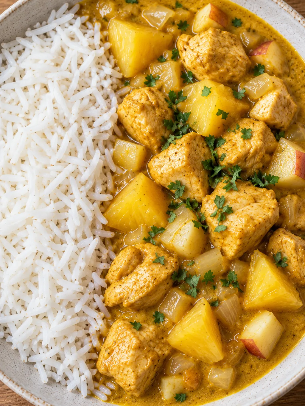 Cremiges Hähnchen-Curry mit gelben Ananasstücken, Petersilie und weißem Reis