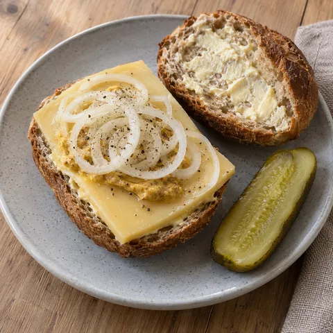 Halve Hahn mit Gouda, Senf und Zwiebelringen neben einer halbierten Gewürzgurke