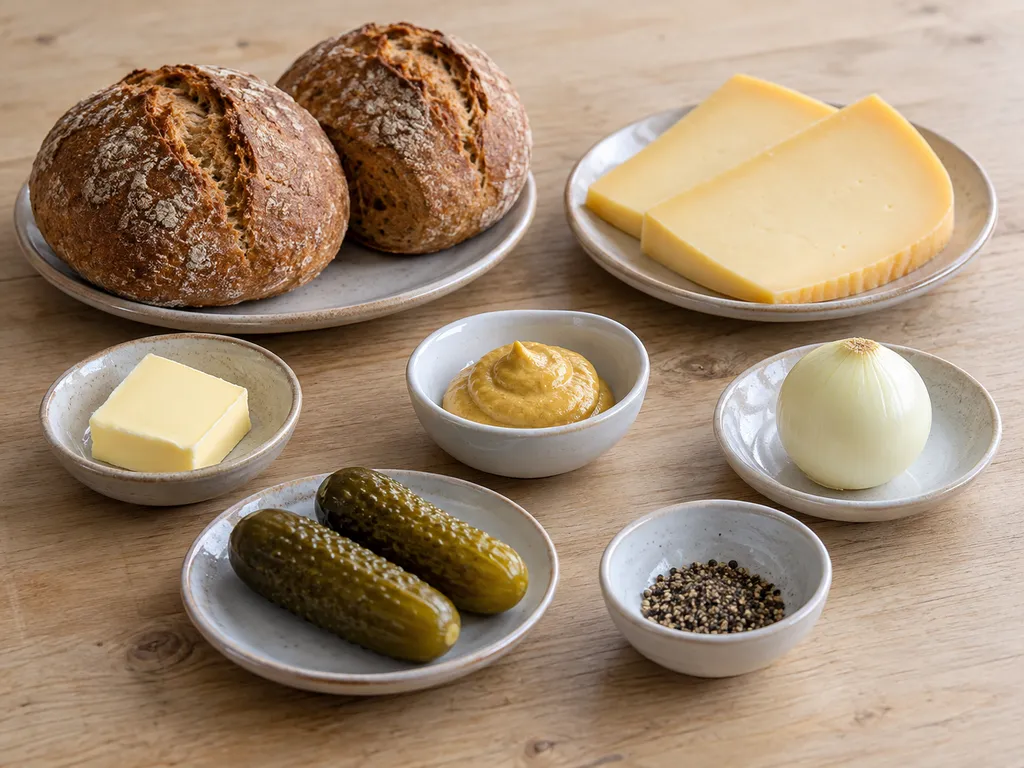 Röggelchen, Gouda, Butter, Senf, Zwiebel, Gewürzgurken und Pfeffer getrennt bereitgestellt