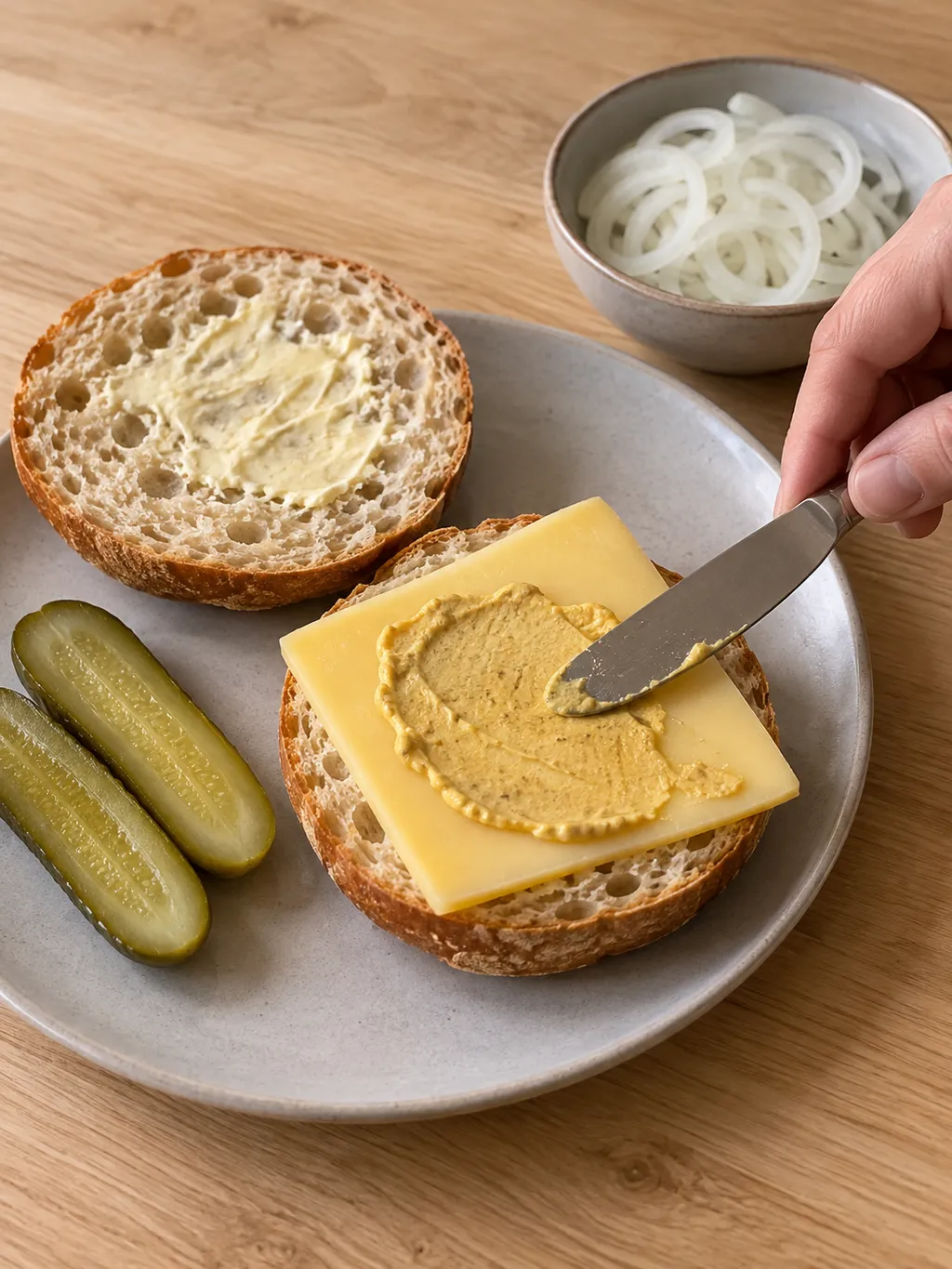 Senf wird auf die dicke Goudascheibe eines gebutterten Röggelchens gestrichen