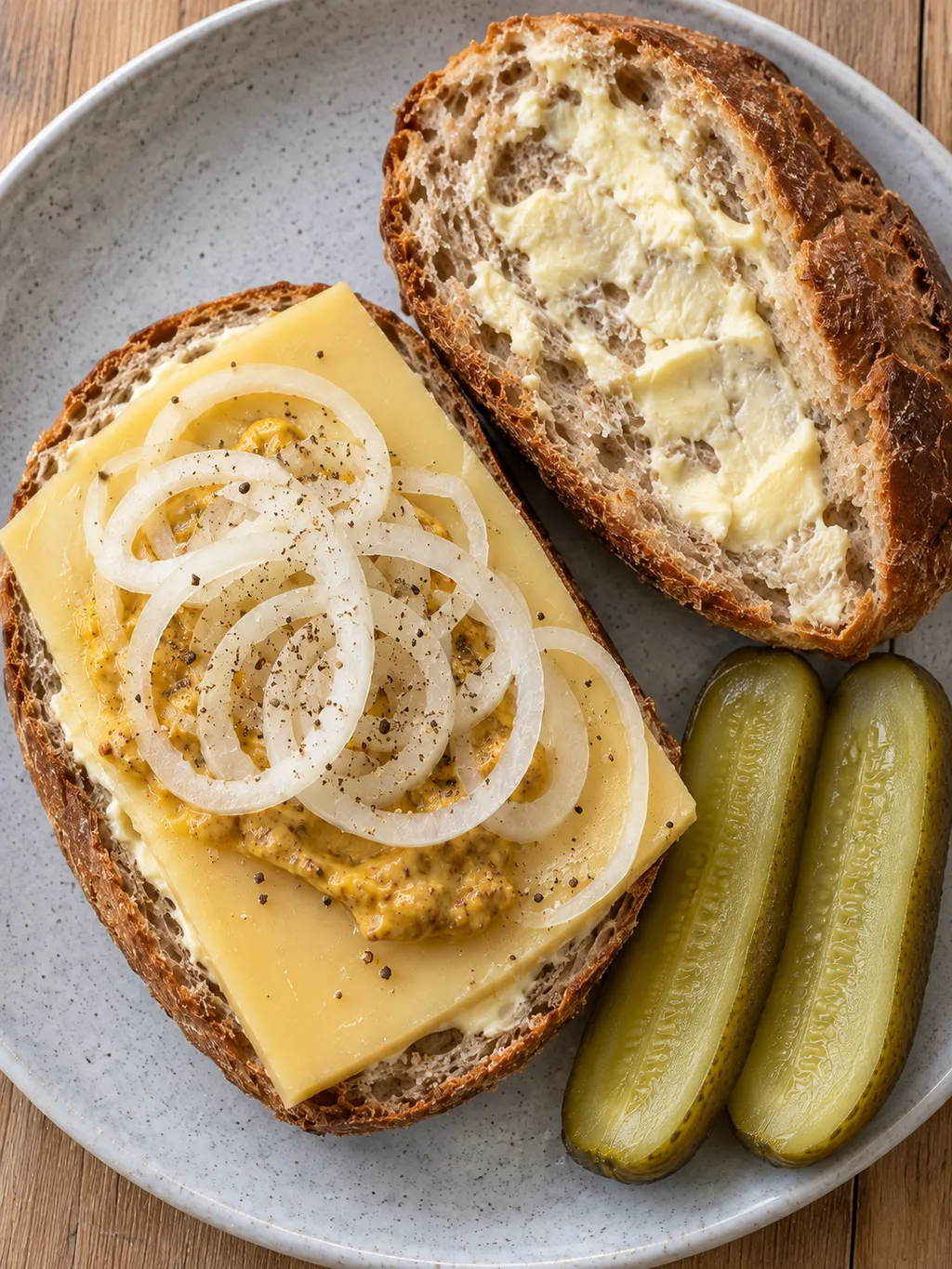 Röggelchen mit dickem Gouda, Senf und Zwiebelringen, dazu Gewürzgurkenhälften