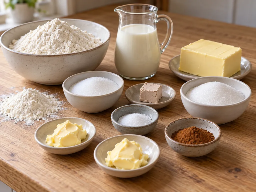 Mehl, Milch, Hefe, Butter, Zucker, Salz und Zimt für Hamburger Franzbrötchen