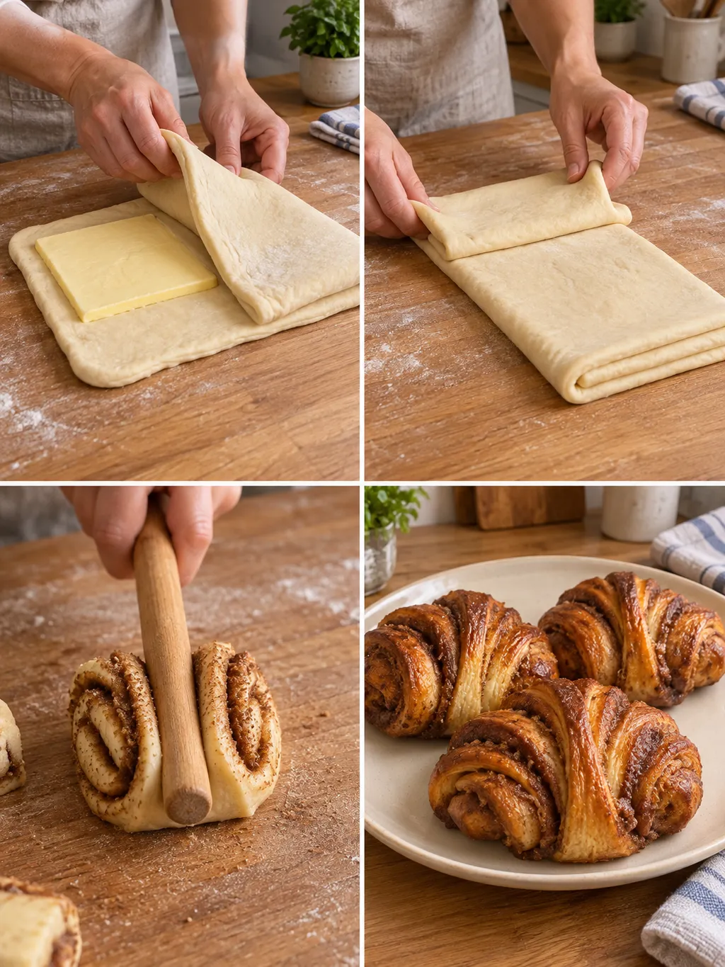 Butter einschließen, Teig falten, Franzbrötchen eindrücken und goldbraun gebacken servieren