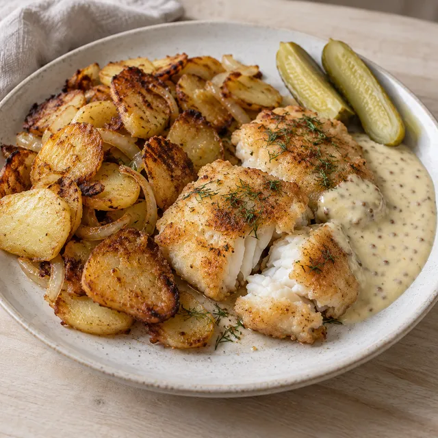 Hamburger Pannfisch mit Senfsoße, goldbraunen Bratkartoffeln, Dill und Gewürzgurken