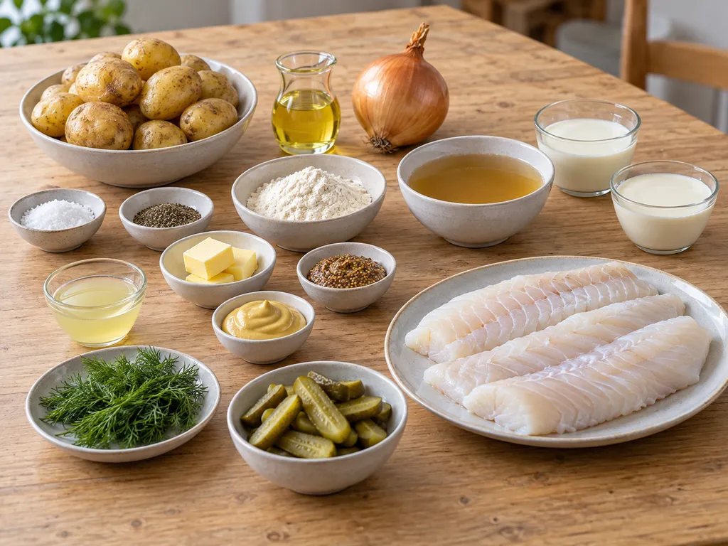 Kartoffeln, Kabeljau, zweierlei Senf und die übrigen Zutaten für Hamburger Pannfisch