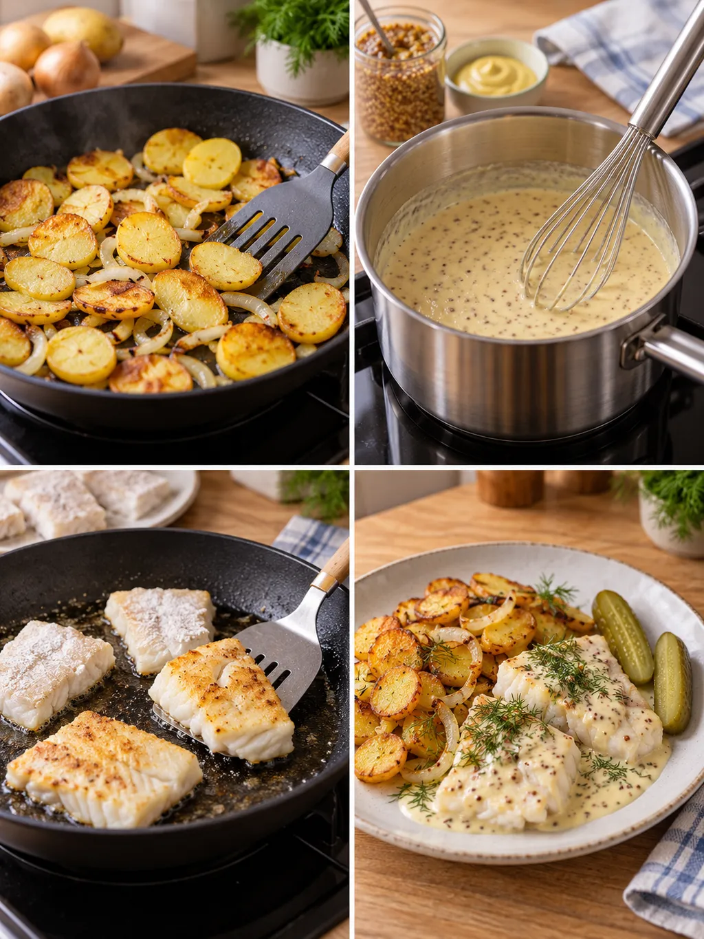 Bratkartoffeln, Senfsoße und Kabeljau bei der Zubereitung sowie fertig angerichteter Pannfisch