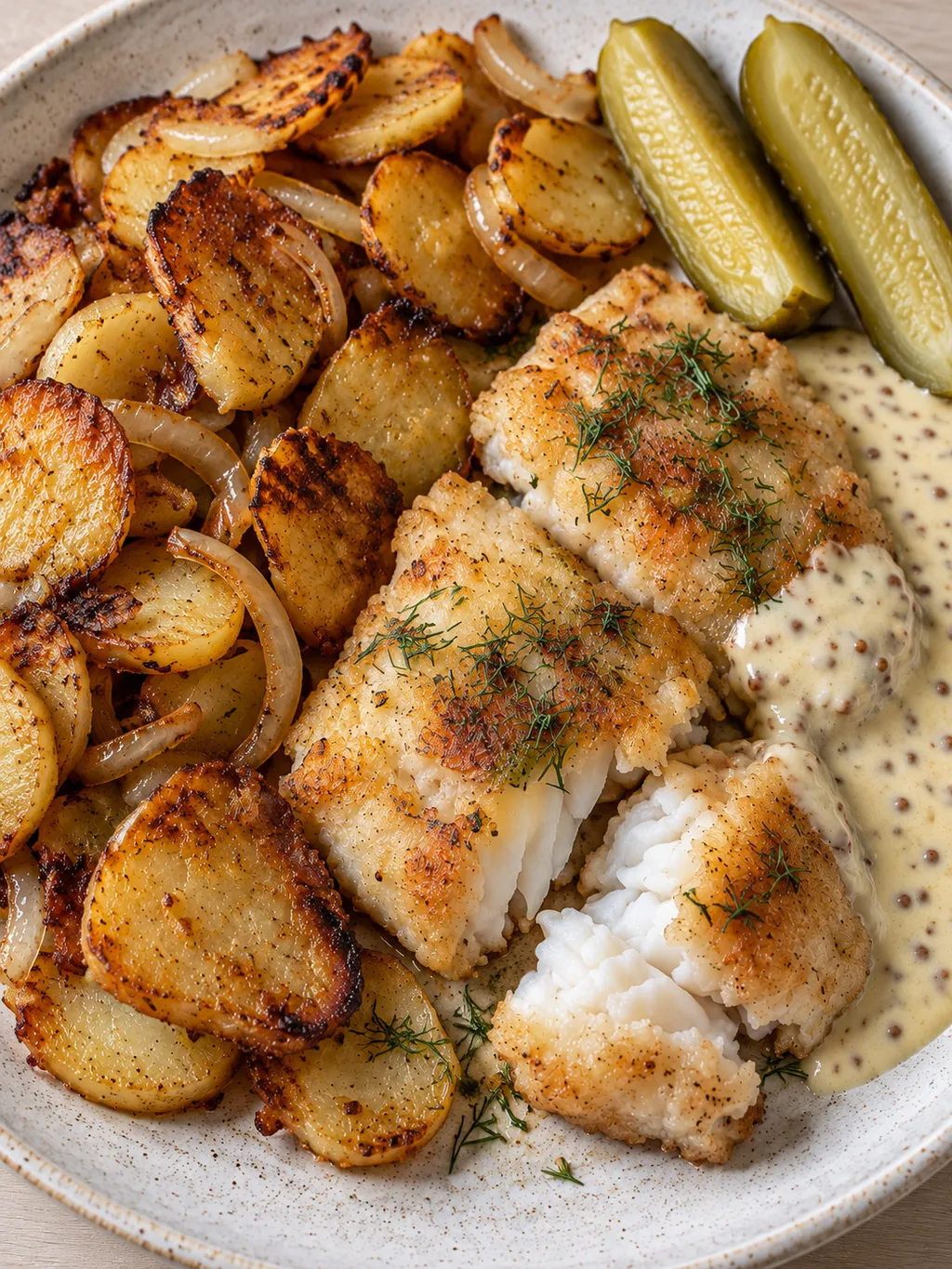 Kabeljau mit cremiger Senfsoße, krossen Kartoffelscheiben, Dill und Gewürzgurken