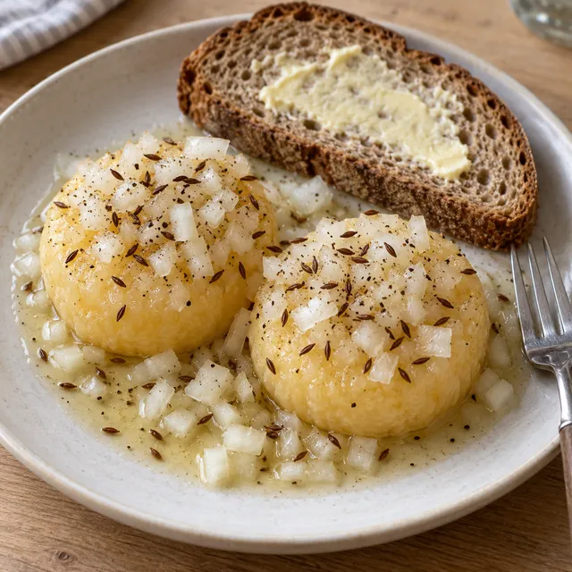 Handkäs mit Musik mit Zwiebelwürfeln, Kümmel und Butterbrot auf einem hellen Teller
