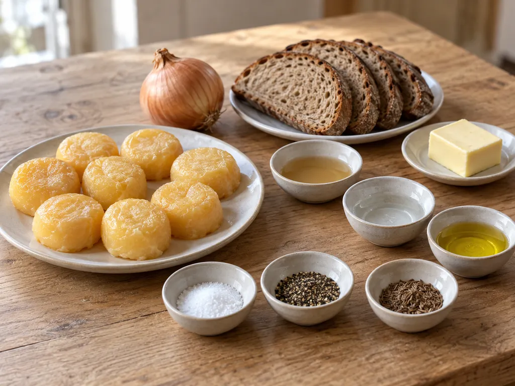 Handkäse, Zwiebel, Essig, Öl, Wasser, Gewürze, Bauernbrot und Butter