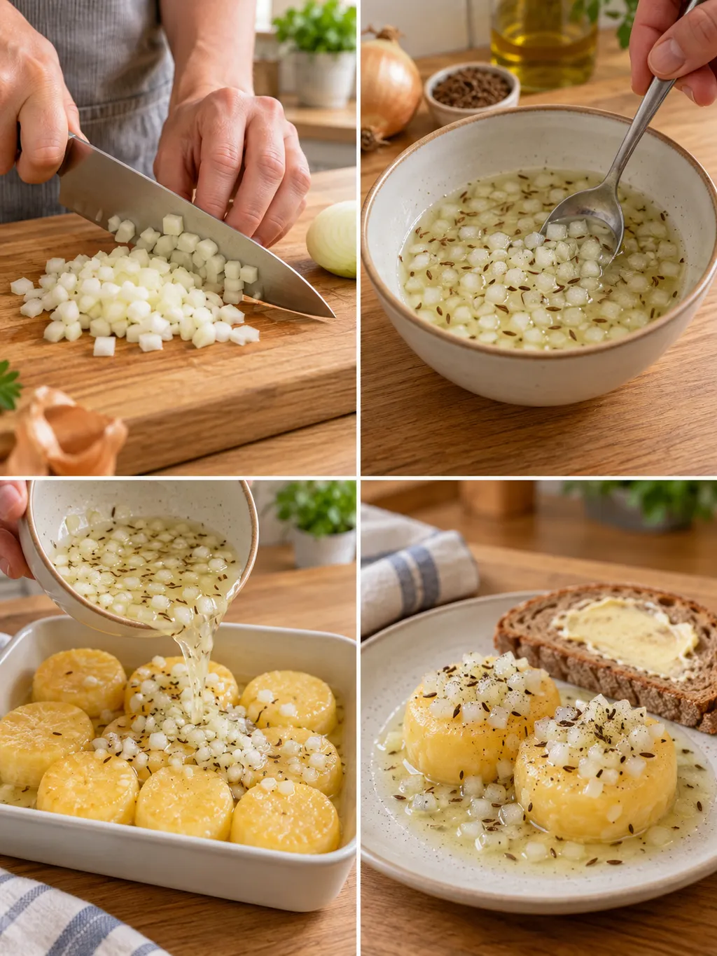 Zwiebeln schneiden, Marinade rühren, Handkäse einlegen und mit Butterbrot servieren