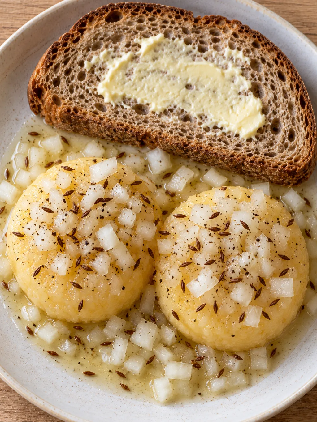 Handkäsetaler mit feinen Zwiebelwürfeln und Kümmel neben einer Scheibe Butterbrot