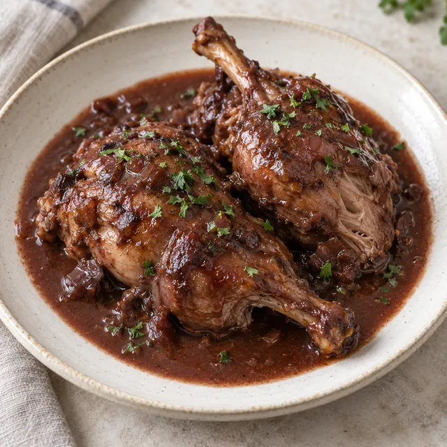 Hasenpfeffer mit Kaninchenstücken in dunkler Rotweinsoße und Petersilie