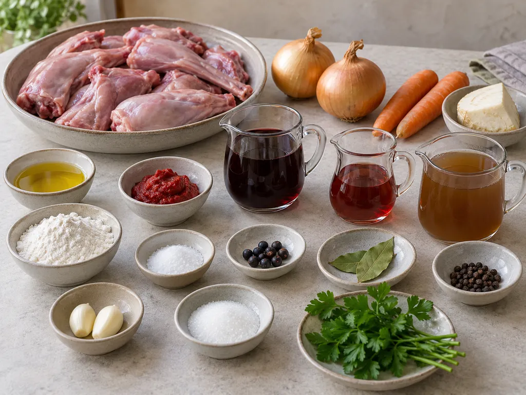 Kaninchen, Wurzelgemüse, Rotwein, Essig und Gewürze für Hasenpfeffer