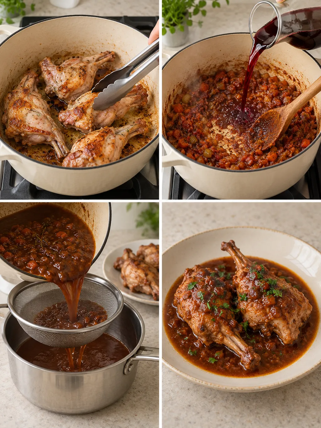 Kaninchen anbraten, Rotwein angießen, Soße passieren und Hasenpfeffer anrichten