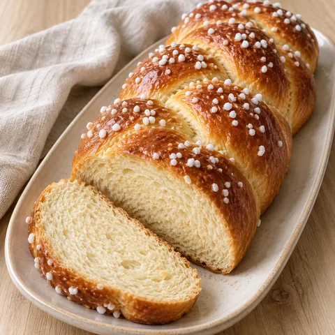 Goldbrauner Hefezopf mit Hagelzucker und einer Scheibe mit weicher heller Krume