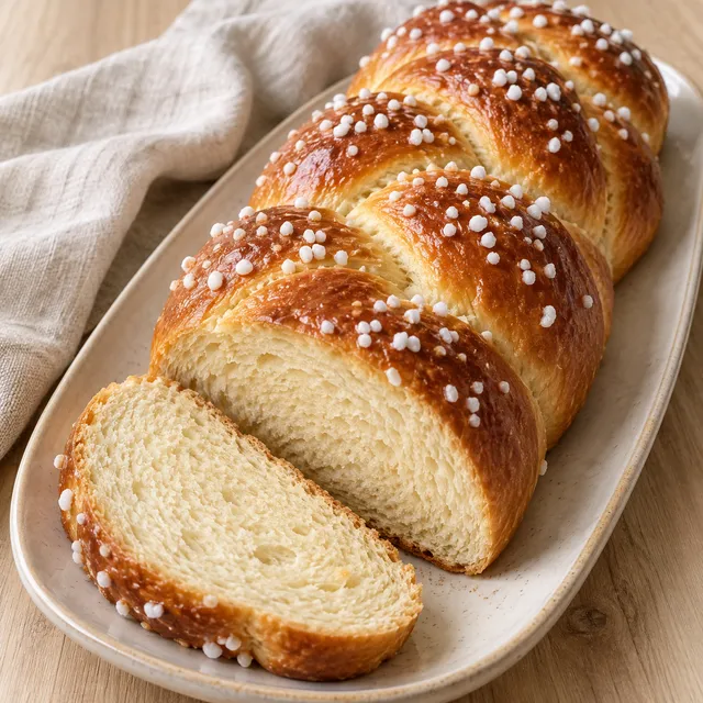 Goldbrauner Hefezopf mit Hagelzucker und einer Scheibe mit weicher heller Krume