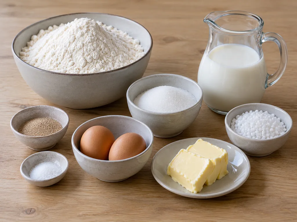 Mehl, Hefe, Zucker, Salz, Milch, zwei Eier, Butter und Hagelzucker für Hefezopf