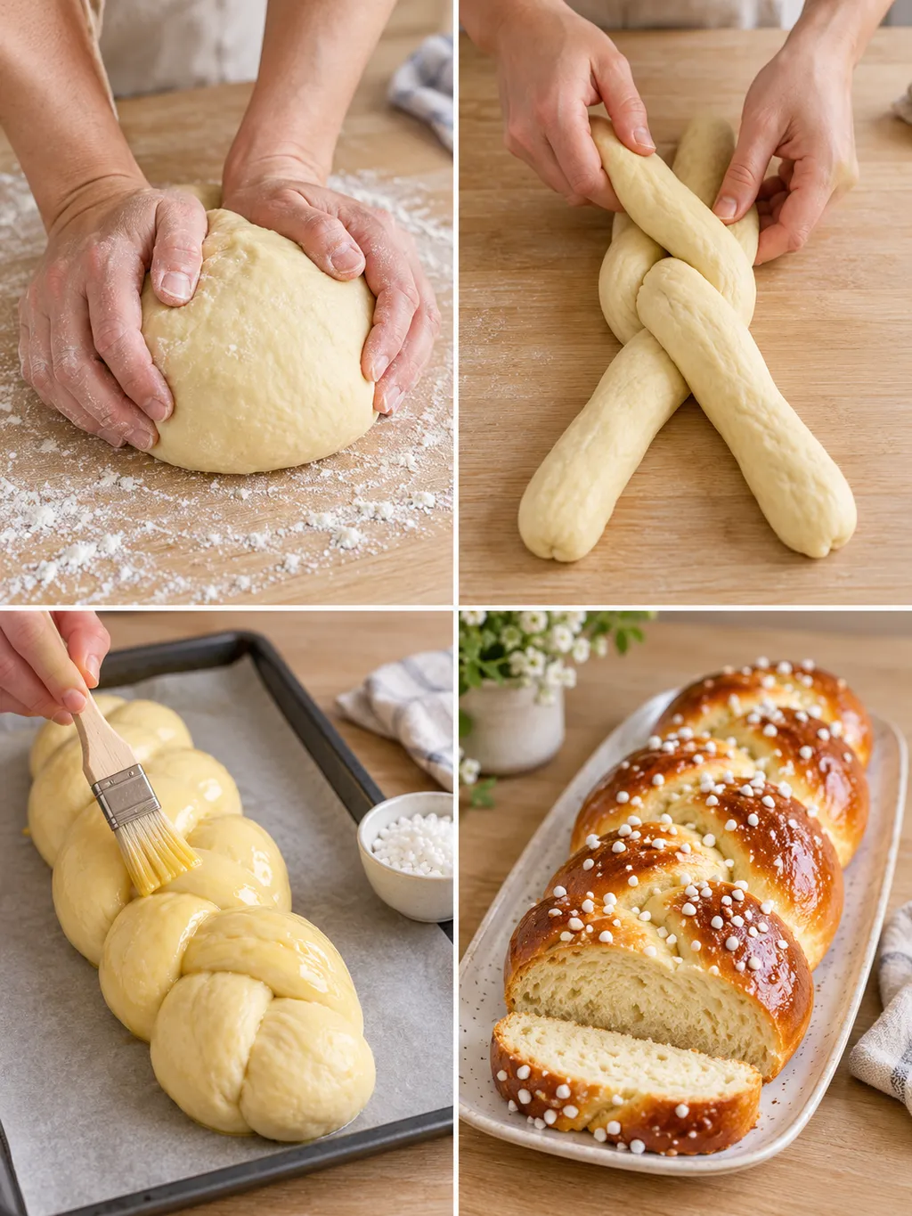 Hefezopf beim Kneten, Flechten und Bestreichen sowie fertig gebacken mit Hagelzucker