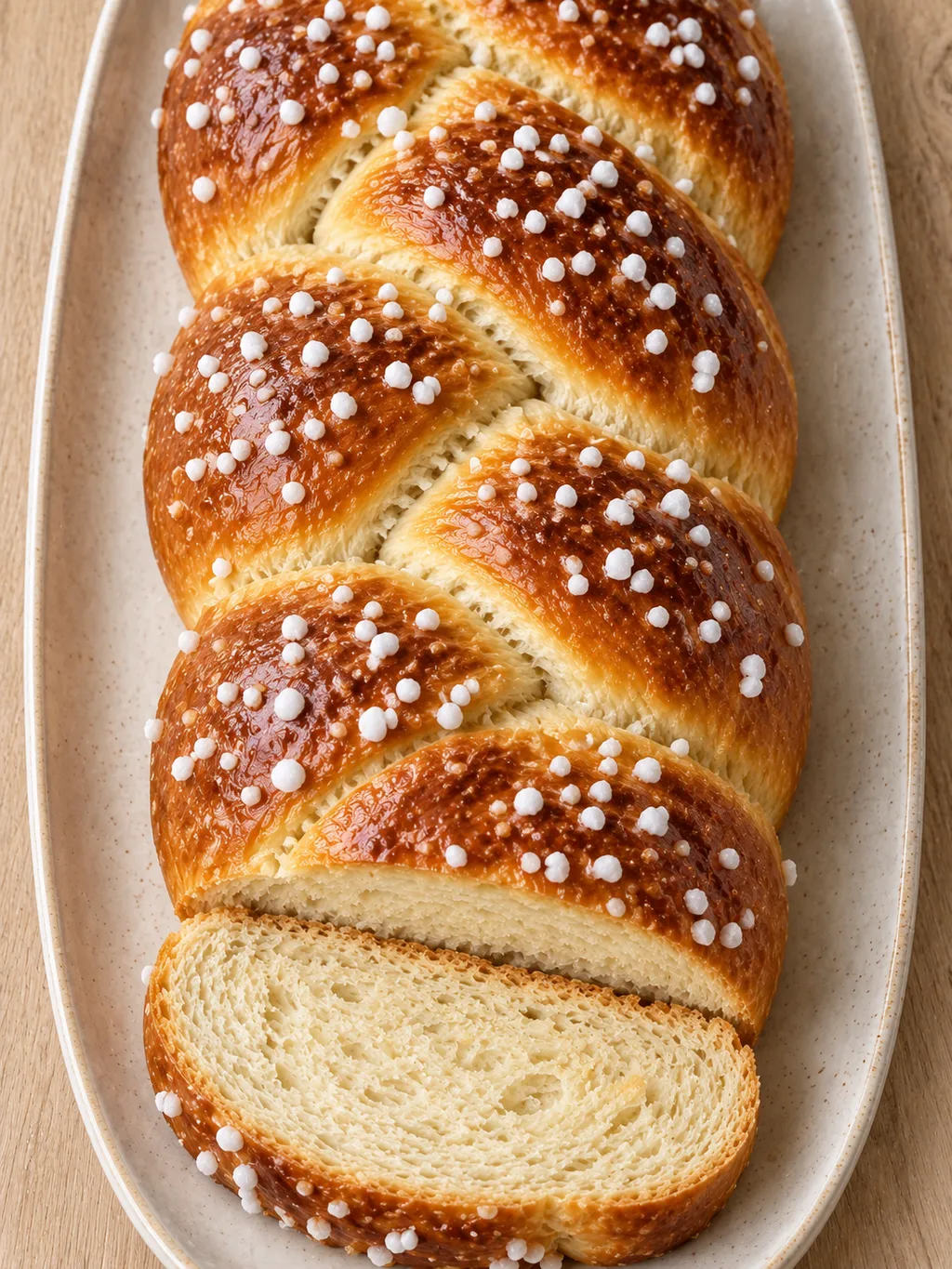 Butter-Hefezopf mit goldbraunen Flechtbögen, Hagelzucker und angeschnittener Krume