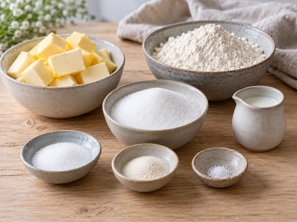 Butter, Mehl, Zucker, Vanillezucker, Salz und Milch für Heidesand