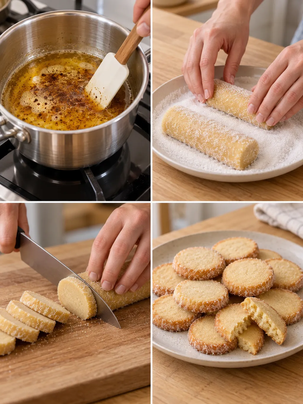 Butter bräunen, Heidesand-Rollen formen und schneiden sowie fertig gebackene Kekse
