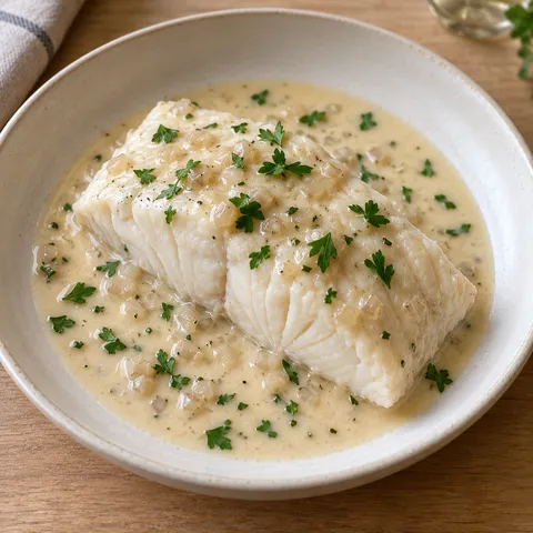 Heilbuttfilet in cremiger Weißweinsauce mit Schalotten und frischer Petersilie