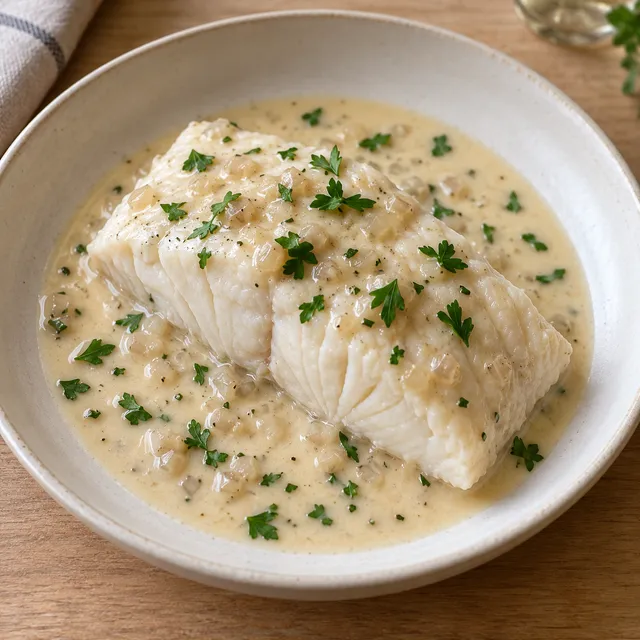 Heilbuttfilet in cremiger Weißweinsauce mit Schalotten und frischer Petersilie