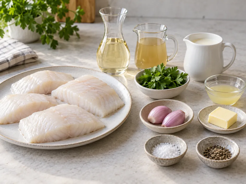 Heilbuttfilets, Schalotten, Butter, Weißwein, Brühe, Sahne, Zitrone und Petersilie