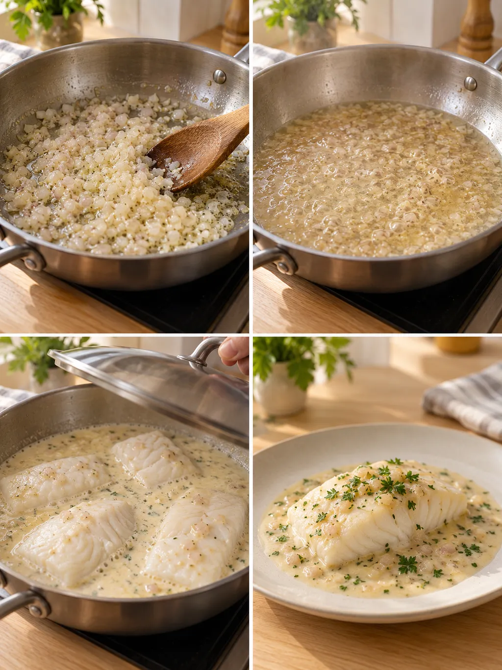 Schalotten dünsten, Wein einkochen, Heilbutt garen und mit Weißweinsauce servieren