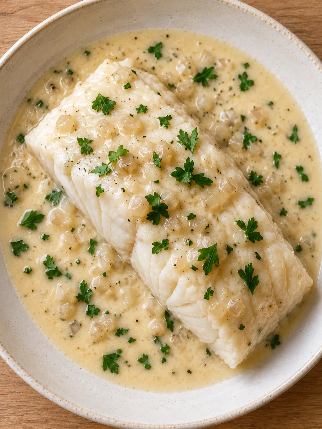 Heilbutt in hellcremiger Weißweinsauce mit feinen Schalotten und Petersilie