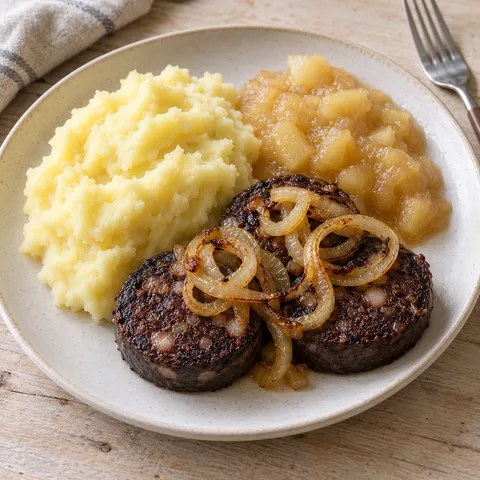 Himmel un Ääd mit Kartoffelpüree, Apfelmus, gebratener Blutwurst und goldbraunen Zwiebeln