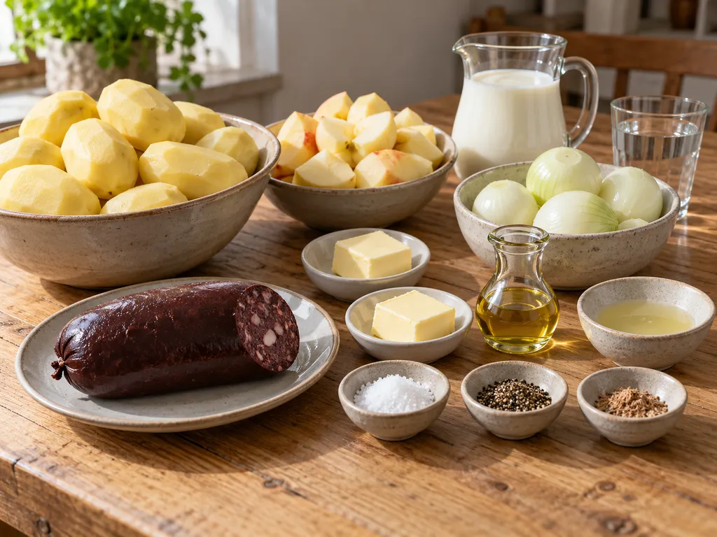 Kartoffeln, Äpfel, Blutwurst, Zwiebeln und weitere Zutaten für Himmel un Ääd