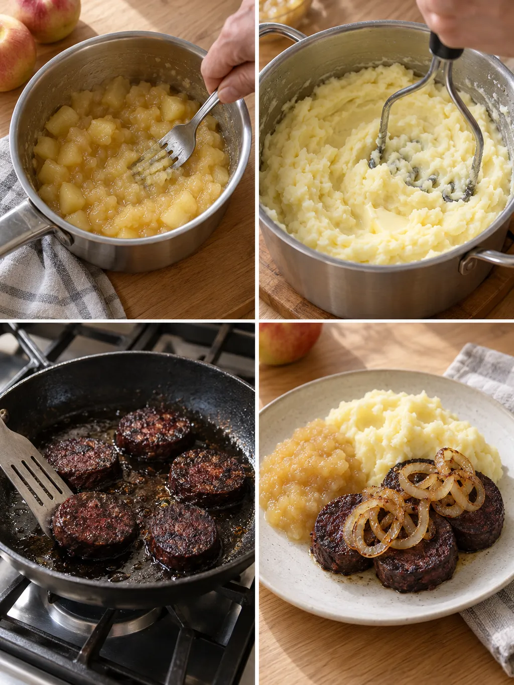 Apfelmus kochen, Kartoffeln stampfen, Blutwurst braten und Himmel un Ääd anrichten