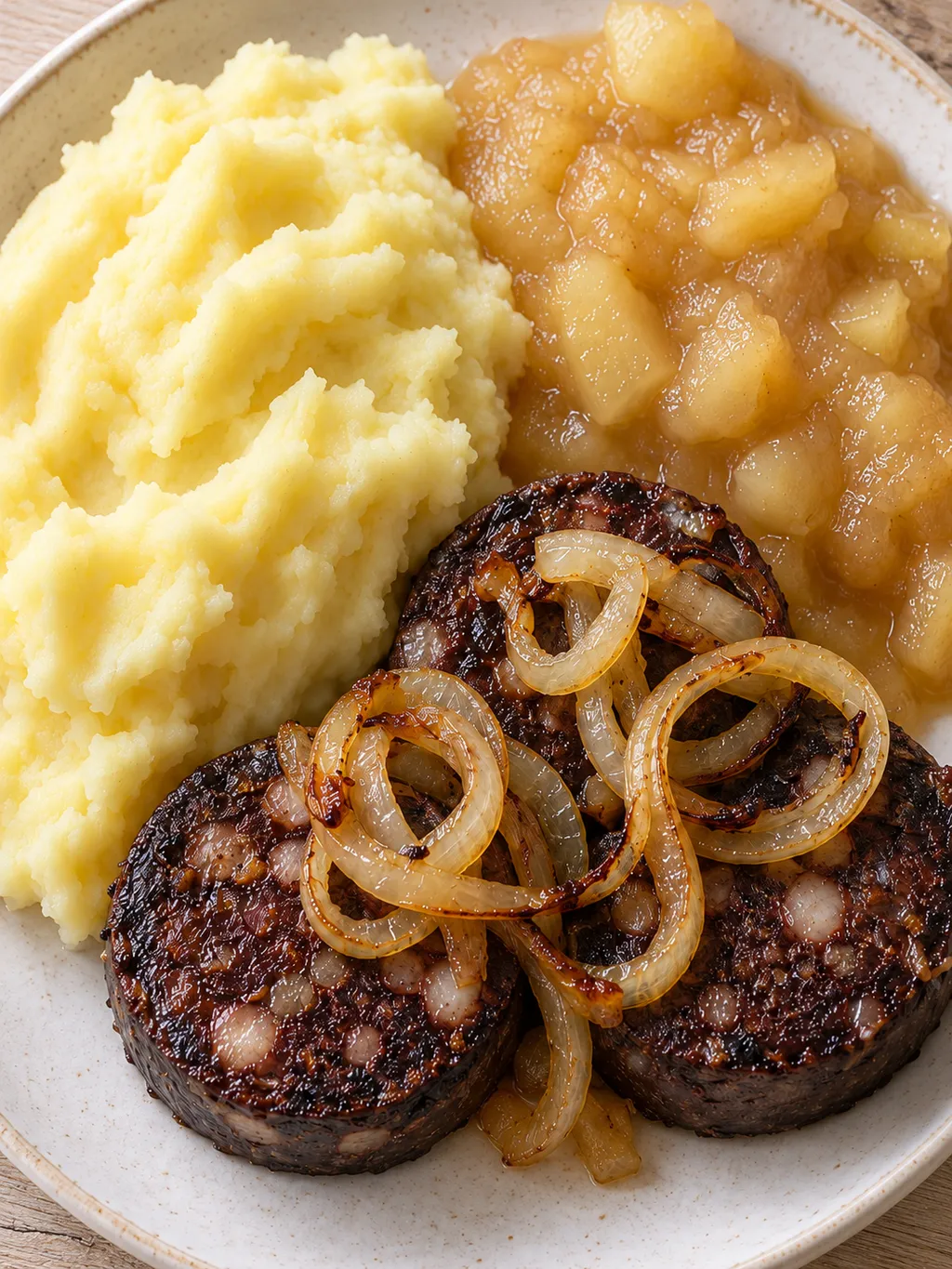 Kartoffelpüree und Apfelmus neben gebratener Blutwurst mit goldbraunen Zwiebelringen