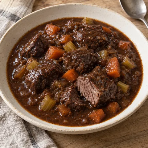 Hirschgulasch mit dunkler Rotweinsoße und kleinen Möhrenwürfeln im Keramikteller