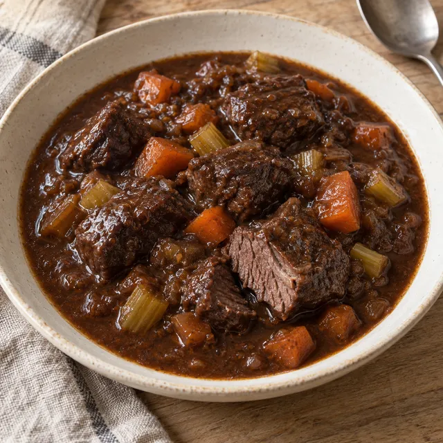 Hirschgulasch mit dunkler Rotweinsoße und kleinen Möhrenwürfeln im Keramikteller