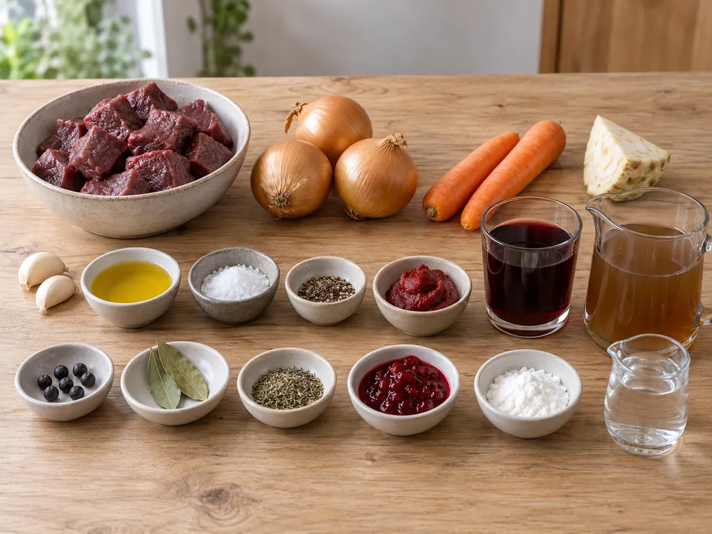 Hirschfleisch, Wurzelgemüse, Rotwein, Fond und Gewürze für Hirschgulasch