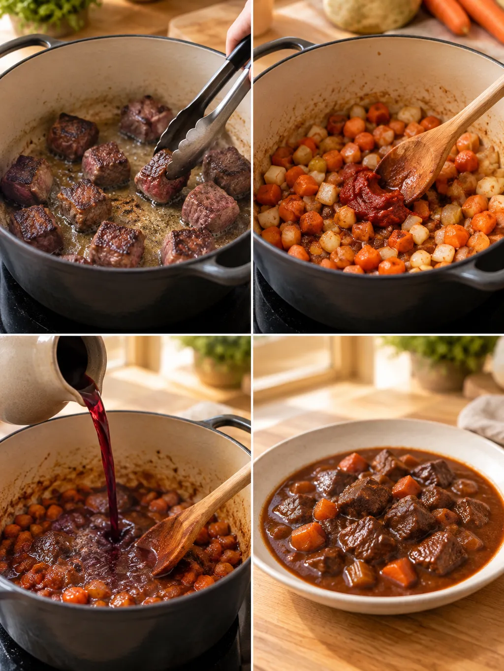 Hirschgulasch beim Anbraten, Gemüse rösten und Ablöschen sowie fertig angerichtet