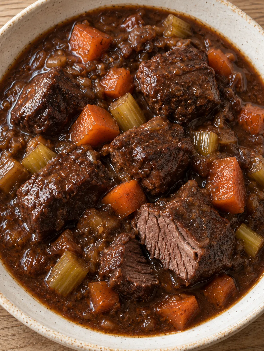 Zart geschmortes Hirschgulasch in dunkelbrauner Soße mit Wurzelgemüse