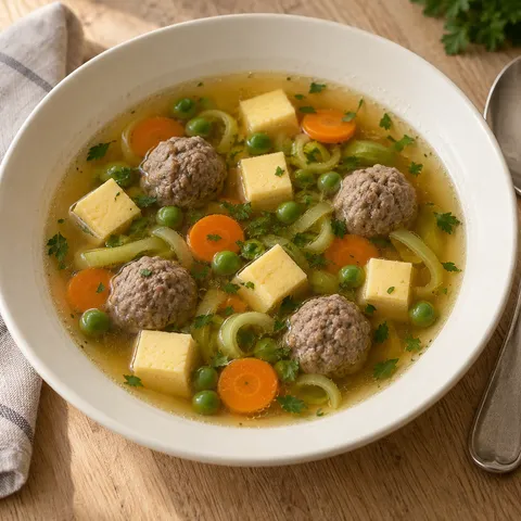 Hochzeitssuppe mit Fleischklößchen, Eierstich, Möhren und Erbsen