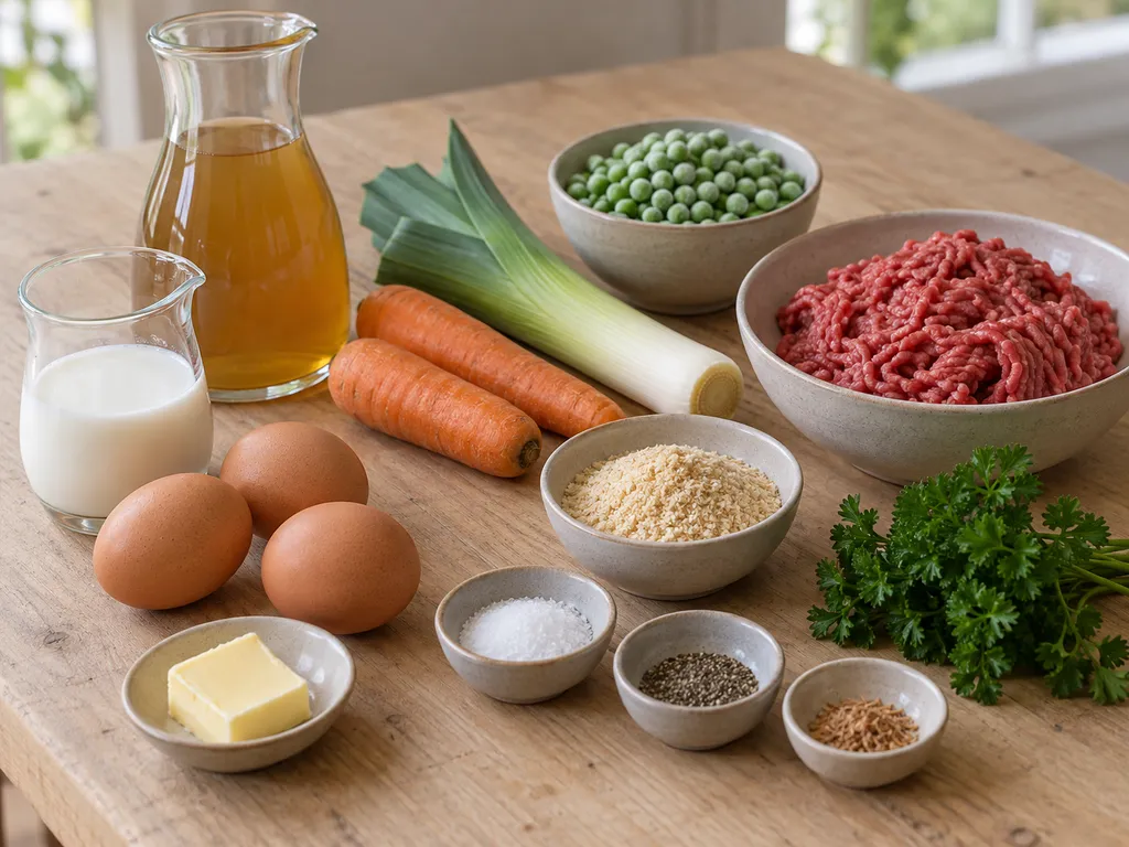 Zutaten für Hochzeitssuppe mit Rinderhack, drei Eiern, Milch und Gemüse