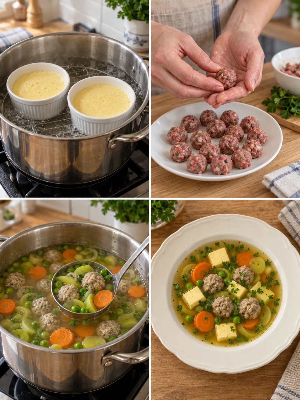 Eierstich im Wasserbad, geformte Fleischklößchen und fertig angerichtete Hochzeitssuppe