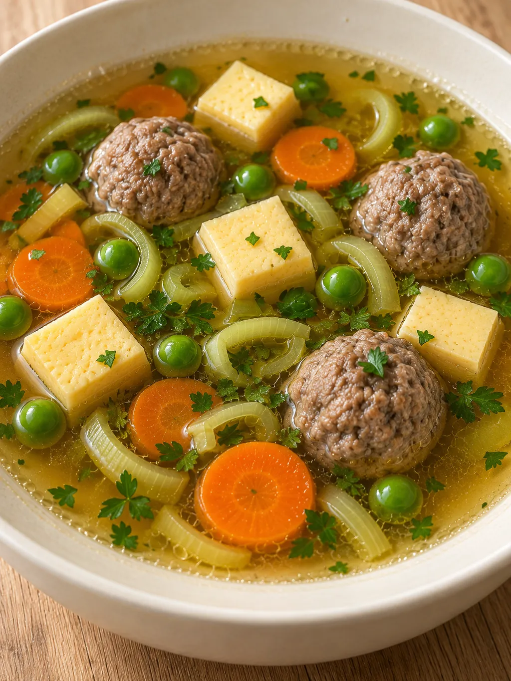 Klare Hochzeitssuppe mit zartem Eierstich, kleinen Fleischklößchen und Petersilie