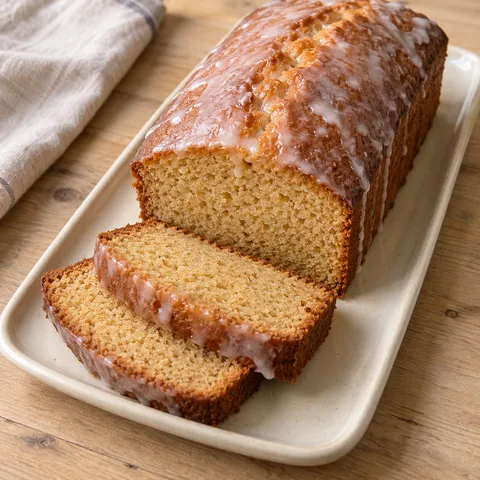 Honigkuchen mit dünnem Zitronenguss und zwei Scheiben auf einer Keramikplatte