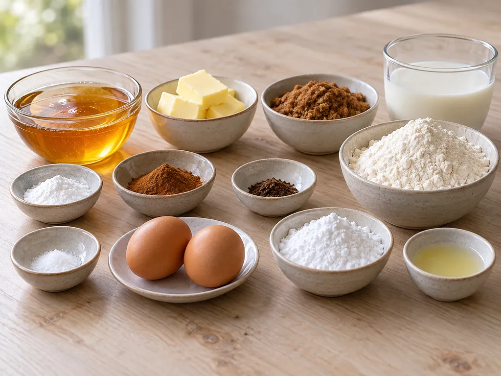 Honig, Butter, Eier, Milch, Mehl, Gewürze und Zutaten für den Zitronenguss