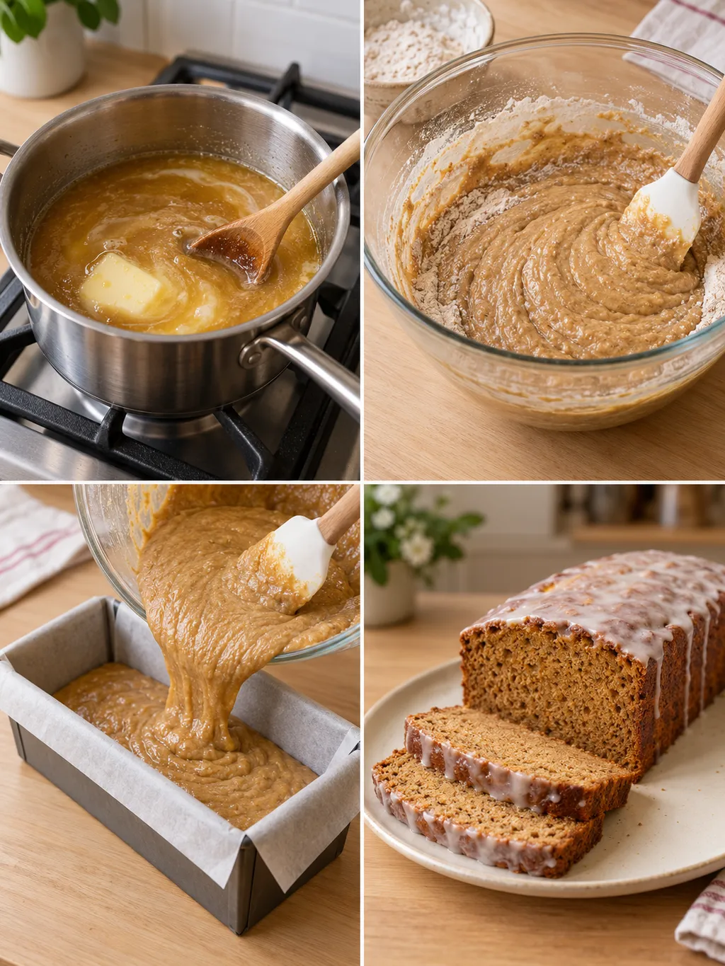 Honigmischung, Teigzubereitung, Befüllen der Kastenform und fertiger Honigkuchen