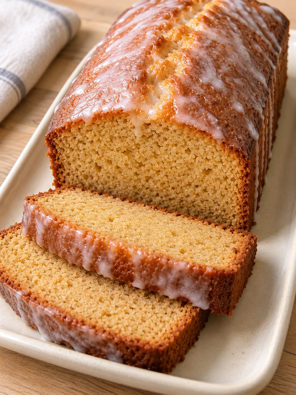 Goldbrauner Honigkuchen mit feinporigen Schnittflächen und dünnem Zitronenguss