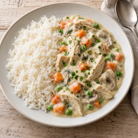 Hühnerfrikassee mit Möhren, Erbsen und Champignons neben weißem Reis
