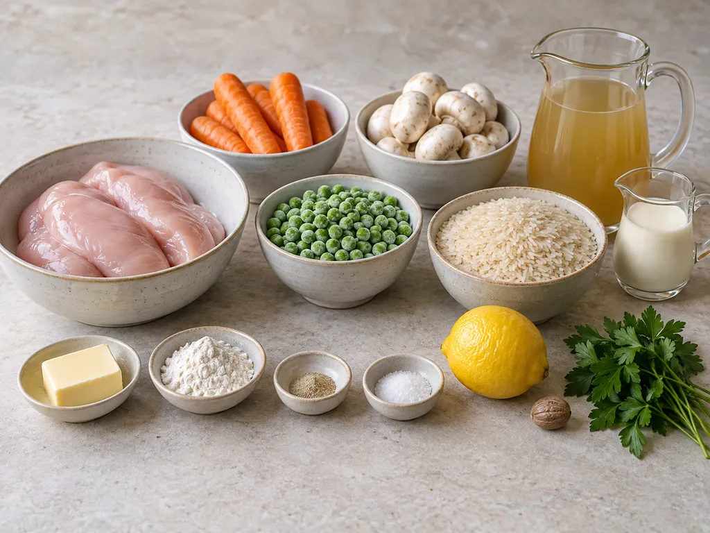 Hähnchen, Gemüse, Reis, Butter, Mehl und Sahne für Hühnerfrikassee